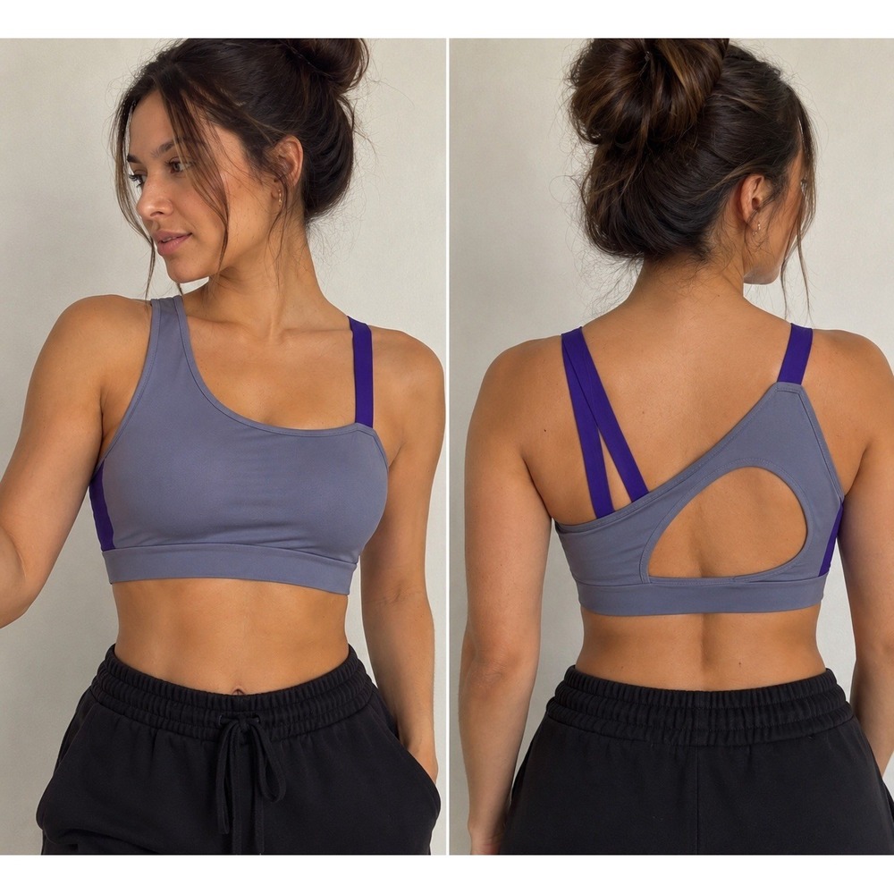 Gymshark One Shoulder Sports Bra Gray Purple Asymmetrical Strappy Size M